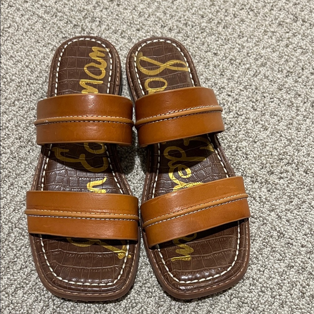 Sam Edelman Tan and Brown Double Strap Slide Sandals